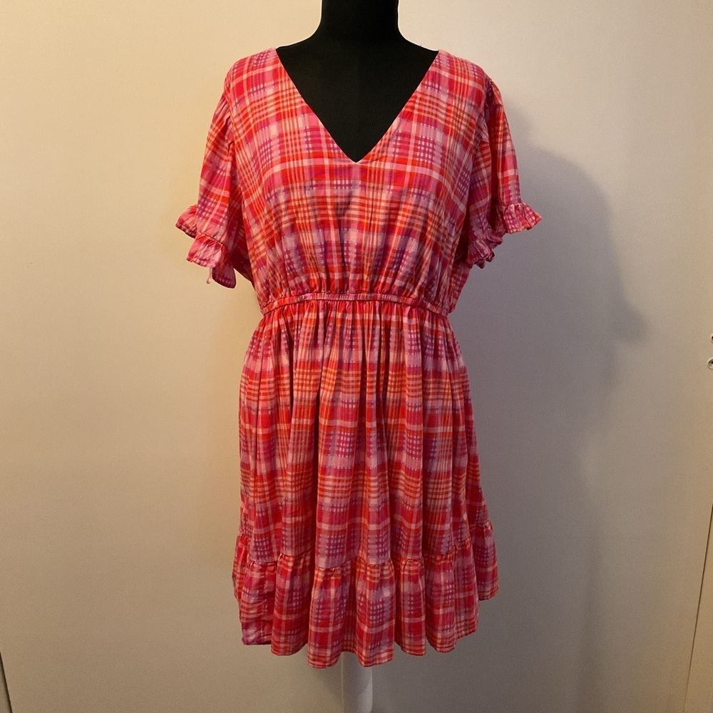 Terra & Sky Pink Plaid Ruffle Dress V-Neck Short Sleeve Plus Size 1X - Picture 3 of 11